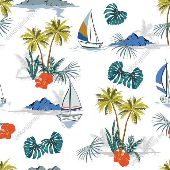 Wizualizacja tapety, żaglówki wśród tropikalnych wysp.