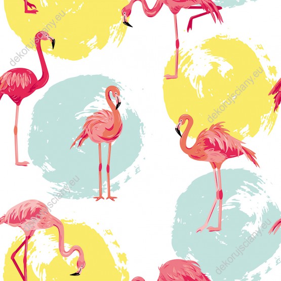 Wizualizacja tapety, flamingi na tle kolorowych okręgów.