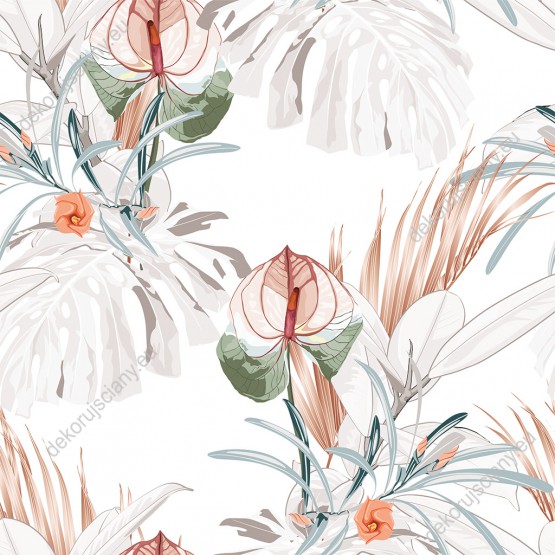Wizualizacja tapety, egzotyczne, piękne kwiaty i liście na białym tle.