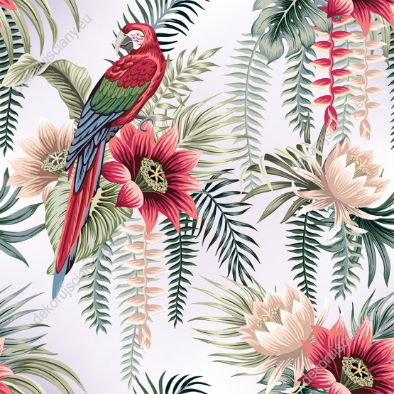 Wizualizacja tapety, kolorowe papugi w egzotycznych roślinach. Odcienie koloru czerwonego ,niebieskiego i zielonego na białym tle.