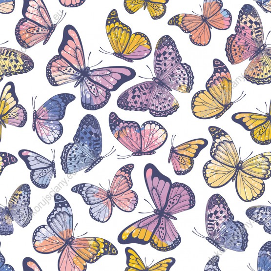 Wizualizacja tapety, różnobarwne motyle na białym tle.
