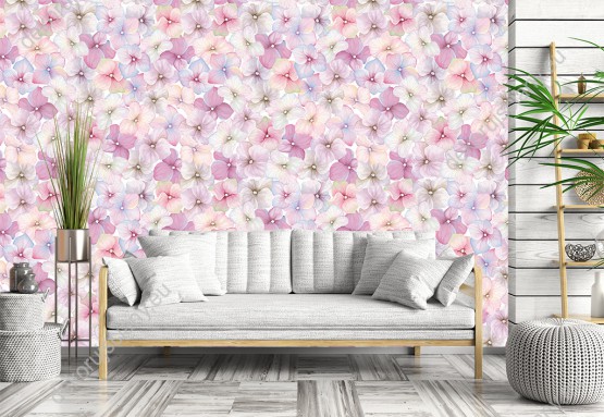 Wizualizacja tapety, gęsto malowane kwiaty hortensji w odcieniach różu i fioletu. 