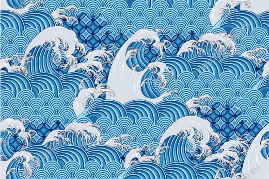 Wizualizacja tapety, niebiesko-szare fale morskie we wzory. 