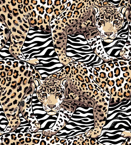 Wizualizacja tapety, jaguary na tle czarno-białej skóry zebry.