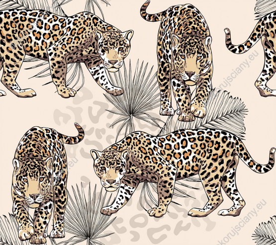 Wizualizacja tapety, dziki jaguar wśród palmowych liści na jasnym tle. 
