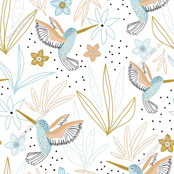 Wizualizacja tapety, kolibry w okresie wiosennym na białym tle. Kolory pastelowe.