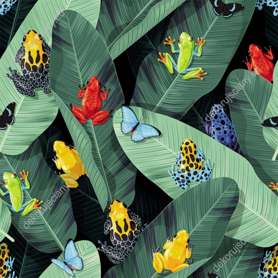 Wzornik tapety, tropikalne liście w odcieniach zieleni z kolorowymi żabkami i motylami.