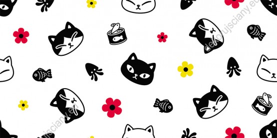 Wizualizacja tapety, czarne głowy kotków na białym tle.