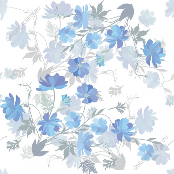 Wizualizacja tapety, niebieskie bukiety kwiatów na białym tle.