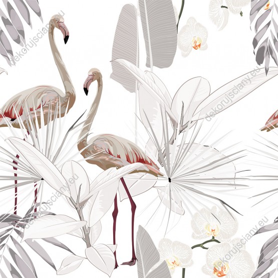 Wizualizacja tapety, flamingi w bogatej roślinności w pastelowych kolorach na białym tle.
