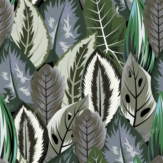 Wizualizacja tapety, wzorzyste liście w odcieniach zieleni.