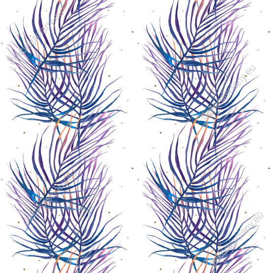 Wizualizacja tapety, pionowe gałązki palm w kolorze fioletowym i niebieskim na białym tle.