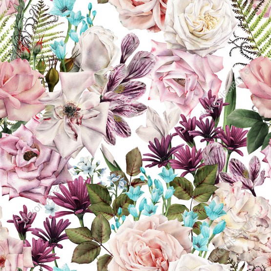 Wizualizacja tapety, mieszanka różnych kwiatów w bogatej kolorystyce.