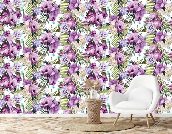 Wizualizacja tapety, kwiaty i liście paproci w odcieniach koloru fioletowego i zielonego. 