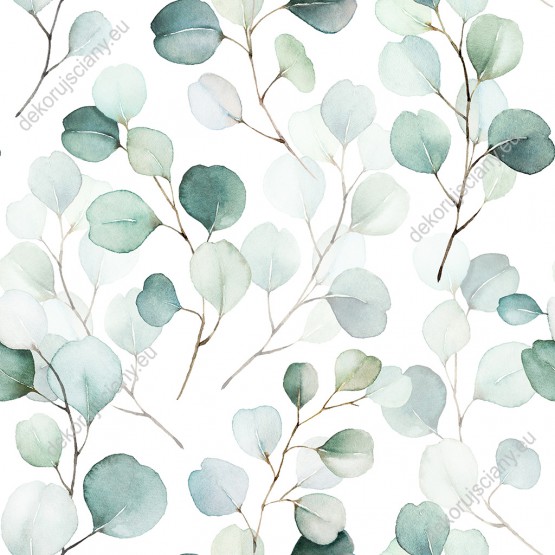 Wizualizacja tapety, drobne, delikatne liście na gałązkach w odcieniach zieleni na białym tle.