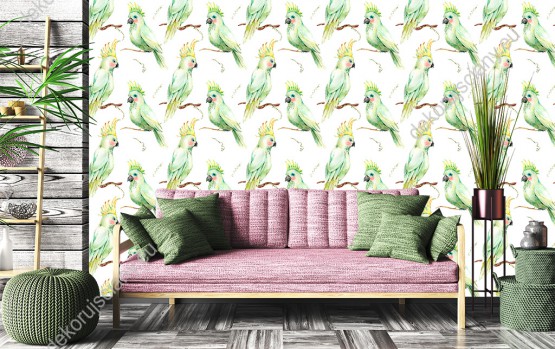 Wizualizacja tapety, zielone papugi kakadu na gałązkach, tło białe.