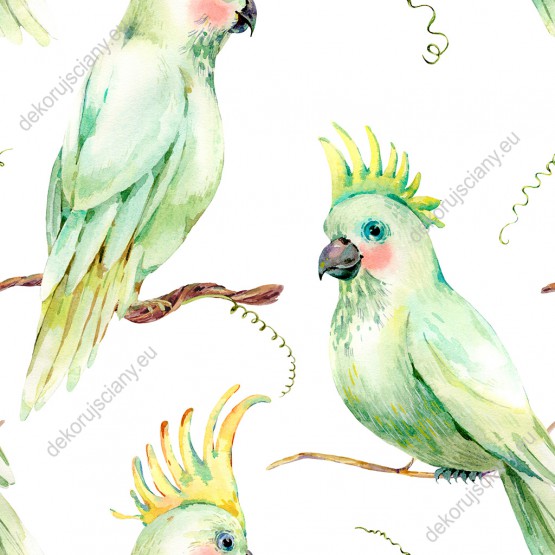 Wizualizacja tapety, zielone papugi kakadu na gałązkach, tło białe.