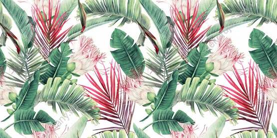 Wizualizacja tapety, liście i kwiaty w odcieniach zieleni i czerwieni na białym tle.