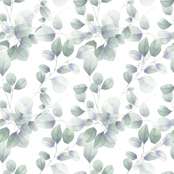 Wizualizacja tapety, gałązki eukaliptusa na białym tle. Odcienie zieleni i fioletu.