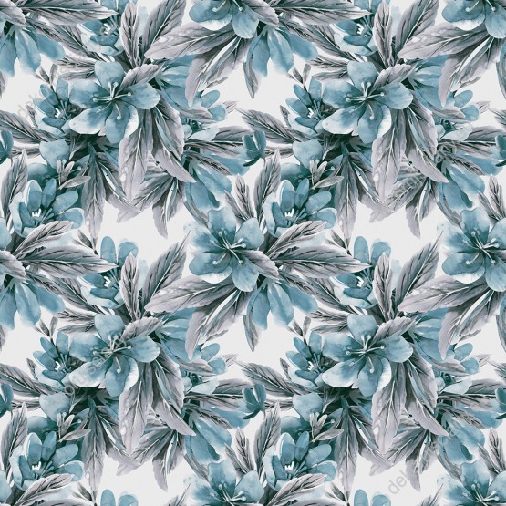 Wizualizacja tapety, niebieskie kwiaty z szarymi liśćmi na białym tle.