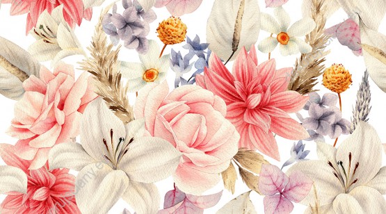 Wizualizacja tapety, barwne i różnorodne kwiaty na białym tle.