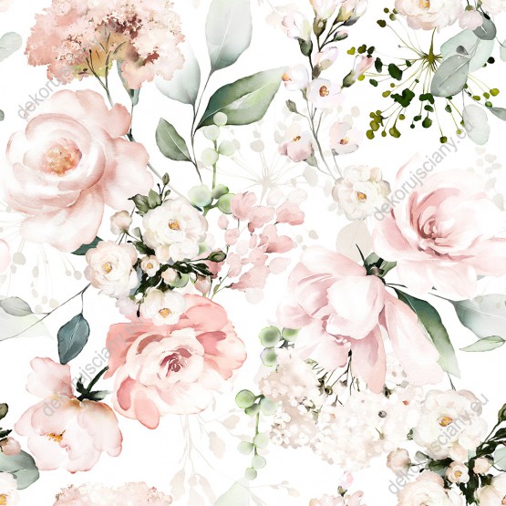 Wizualizacja tapety, różowe kwiaty na białym tle.