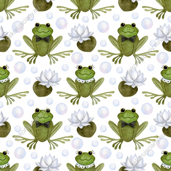 Wizualizacja tapety, zielone żabki na białym tle.