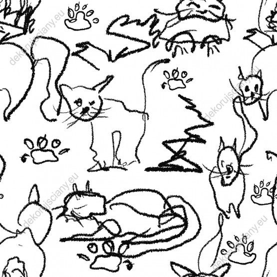 Wizualizacja tapety, koty rysowane przez małe dzieci na białym tle.
