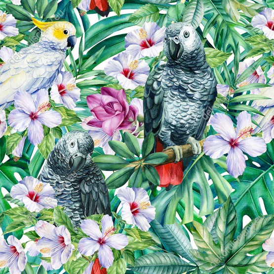 Wizualizacja tapety, kolorowe papugi wśród tropikalnej, zielonej roślinności.