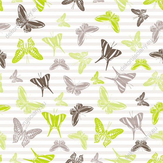 Wizualizacja tapety, latające motyle na pasiastym tle.