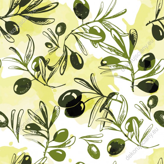 Wizualizacja tapety, zielone oliwki i gałązki oliwne z plamami akwareli na białym tle.