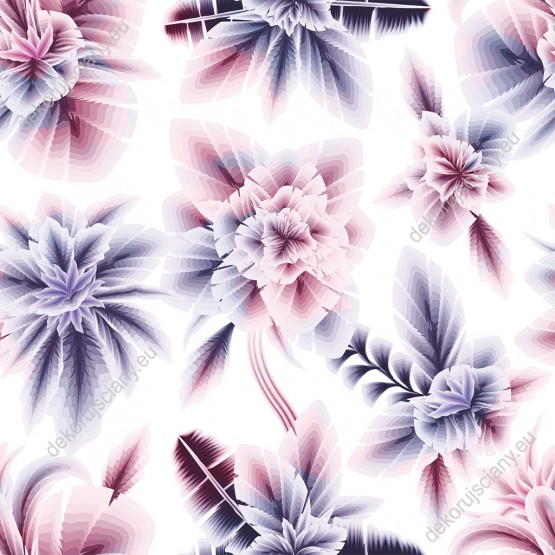 Wizualizacja tapety, abstrakcyjne kwiaty w kolorze różowym i fioletowym na białym tle.