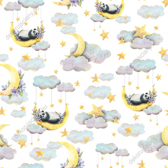 Wizualizacja tapety, śpiące pandy na księżycu wśród chmur. Tło białe.