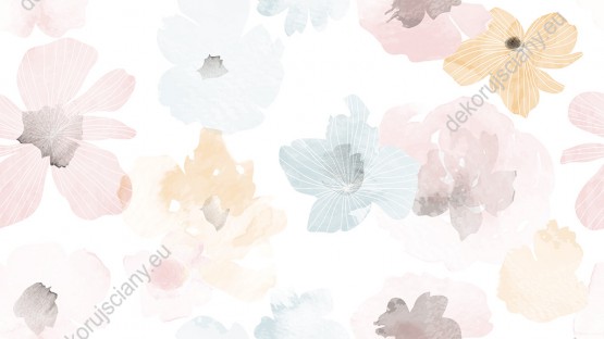 Wizualizacja tapety, kolorowe, pastelowe kwiaty na białym tle.