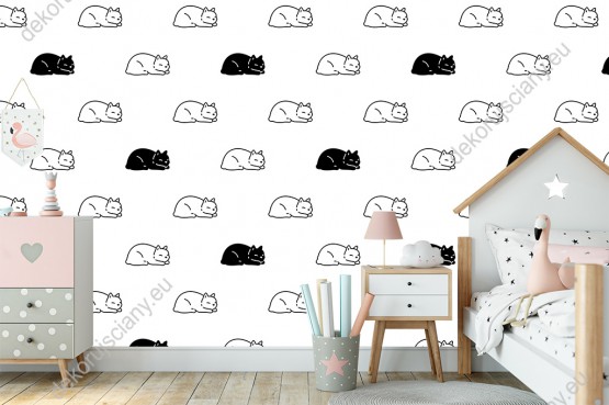 Wizualizacja tapety, czarne i białe kotki w spoczynku. Tło białe.