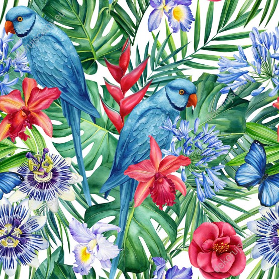 Wizualizacja tapety, papugi w tropikalnym klimacie liści, kwiatów i motyli. Soczyste kolory zieleni, niebieskiego i czerwonego.