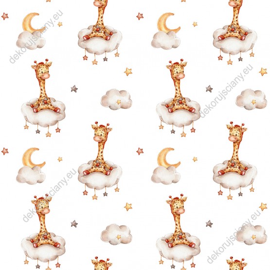 Wizualizacja tapety, małe żyrafy na chmurkach z gwiazdkami, kolory brązu i odcienie bieli. Tło jasne.