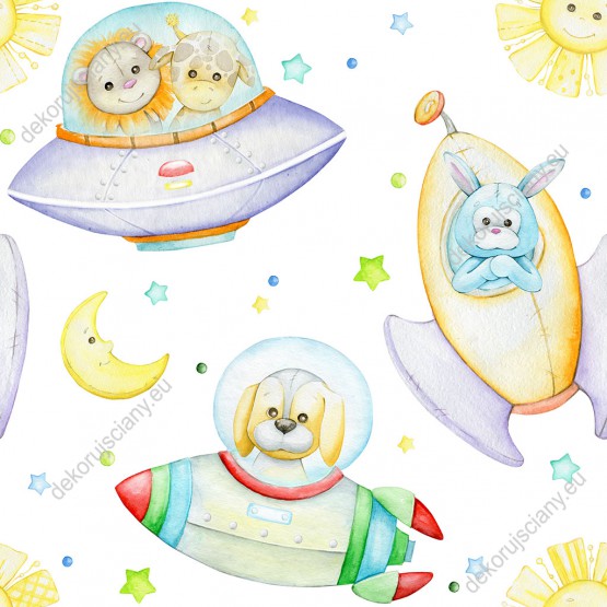 Wizualizacja tapety, malowane zwierzęta w statkach kosmicznych otoczone gwiazdkami, słoneczkami i księżycami.