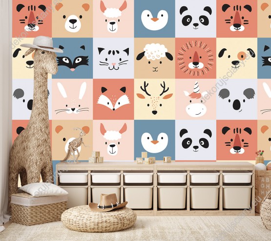 Wizualizacja tapety, zarysy różnych zwierząt w kolorowych kwadratach.
