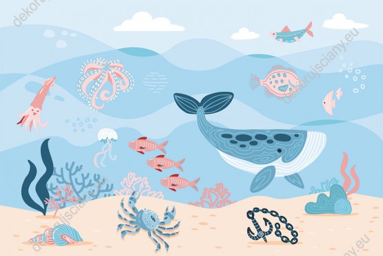 Wzornik tapety, podwodne zwierzęta, żyjące w morzach i oceanach.