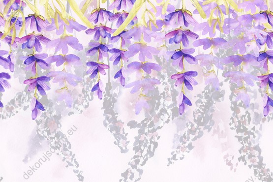 Wzornik tapety, kwiaty lawendy w pionie odwrócone do dołu w odcieniach fioletu i szarości. Tło jasne.