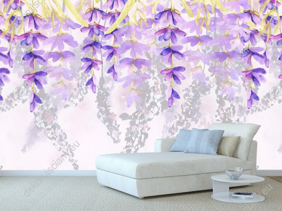 Wizualizacja tapety, kwiaty lawendy w pionie odwrócone do dołu w odcieniach fioletu i szarości. Tło jasne.