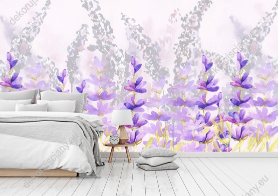 Wizualizacja tapety, kwiaty lawendy w odcieniach fioletu i szarości na jasnym tle.