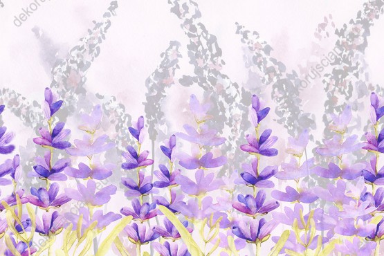 Wzornik tapety, kwiaty lawendy w odcieniach fioletu i szarości na jasnym tle.