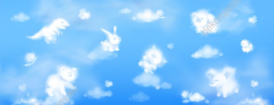 Wzornik tapety, białe chmurki w kształcie zwierząt na tle niebieskiego nieba.