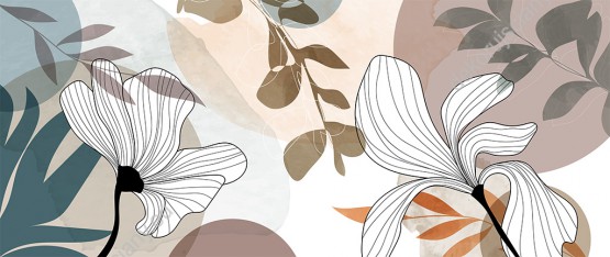 Wzornik tapety, kwiaty i liście w letniej tonacji na abstrakcyjnym, akwarelowym tle.