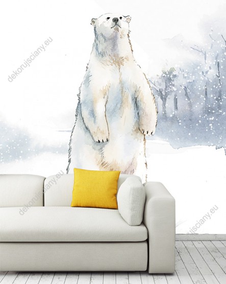 Wizualizacja fototapety, biały niedźwiedź polarny zimową porą.