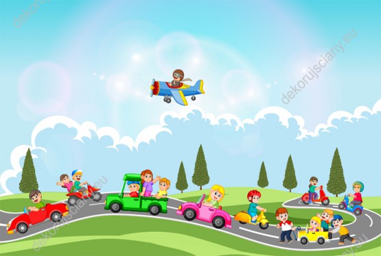 Wzornik fototapety, kolorowa parada samochodowa dzieci wiosenną porą.