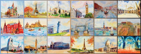 Wizualizacja fototapety, kolorowy kolaż z architekturą zabytków różnych miast świata.
