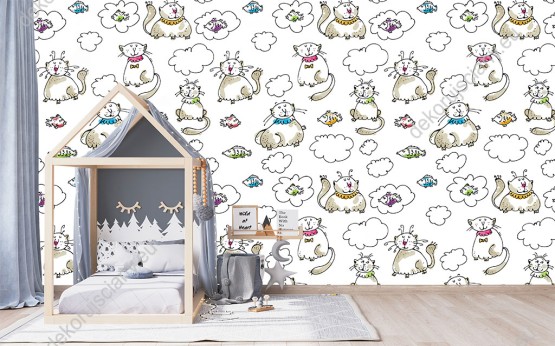 Wizualizacja tapety na ścianę do pokoju dziecięcego z białym tłem, przedstawiająca śpiące koty w obłokach, śniące o rybkach.